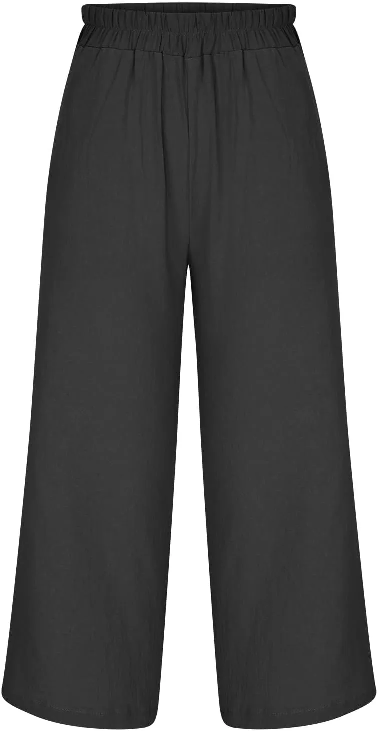 SMIDOW Womens Linen Pants Loose Casual Wide Leg Cropped Pant Elastic High Waist Solid Baggy Trousers with Pockets