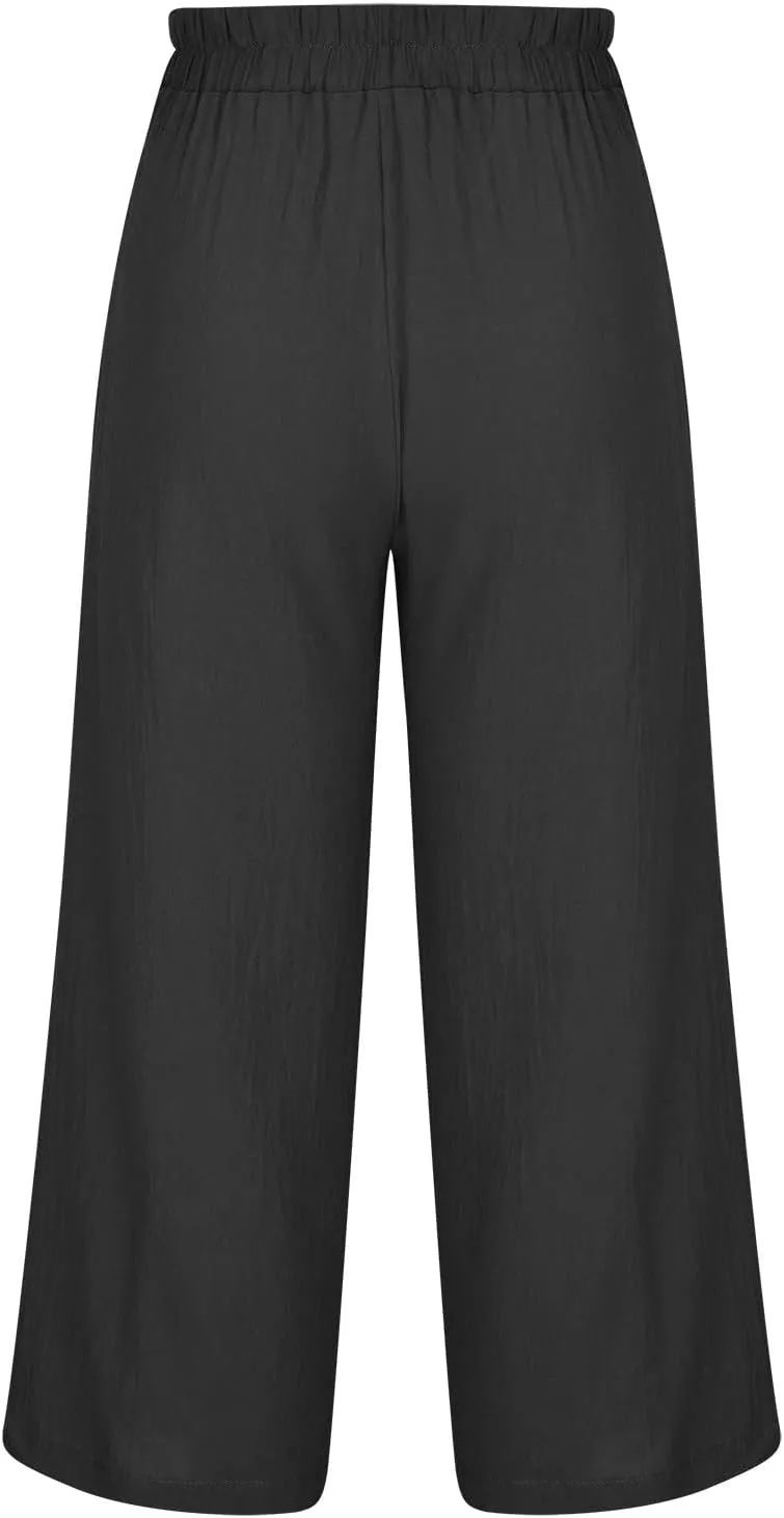SMIDOW Womens Linen Pants Loose Casual Wide Leg Cropped Pant Elastic High Waist Solid Baggy Trousers with Pockets