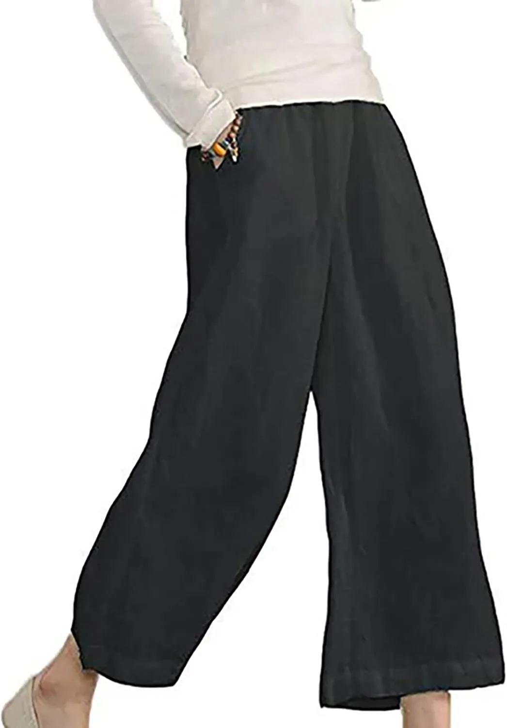 SMIDOW Womens Linen Pants Loose Casual Wide Leg Cropped Pant Elastic High Waist Solid Baggy Trousers with Pockets