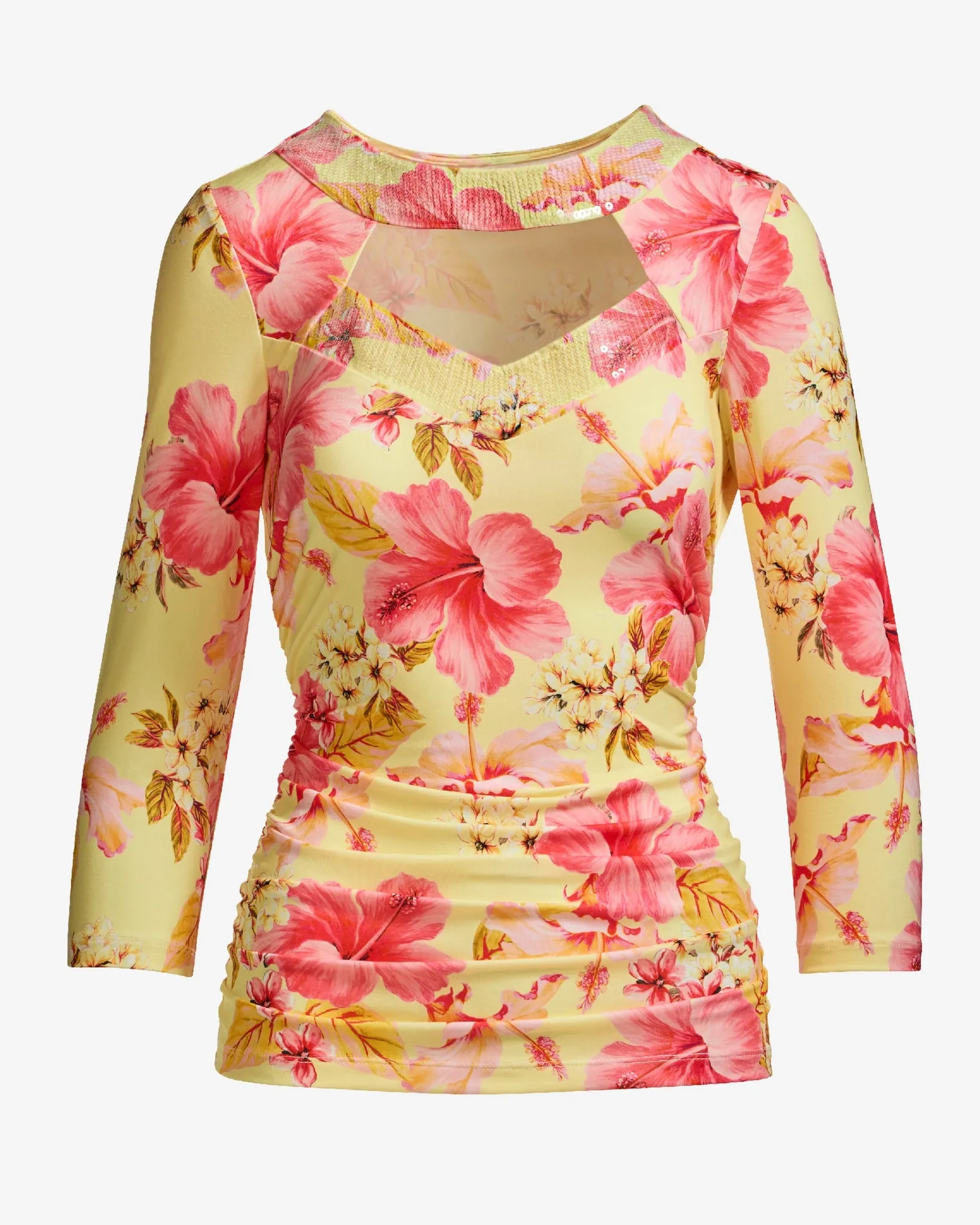 So Chic Print Cut Out Ruched Knit Top Hibiscus Springs
