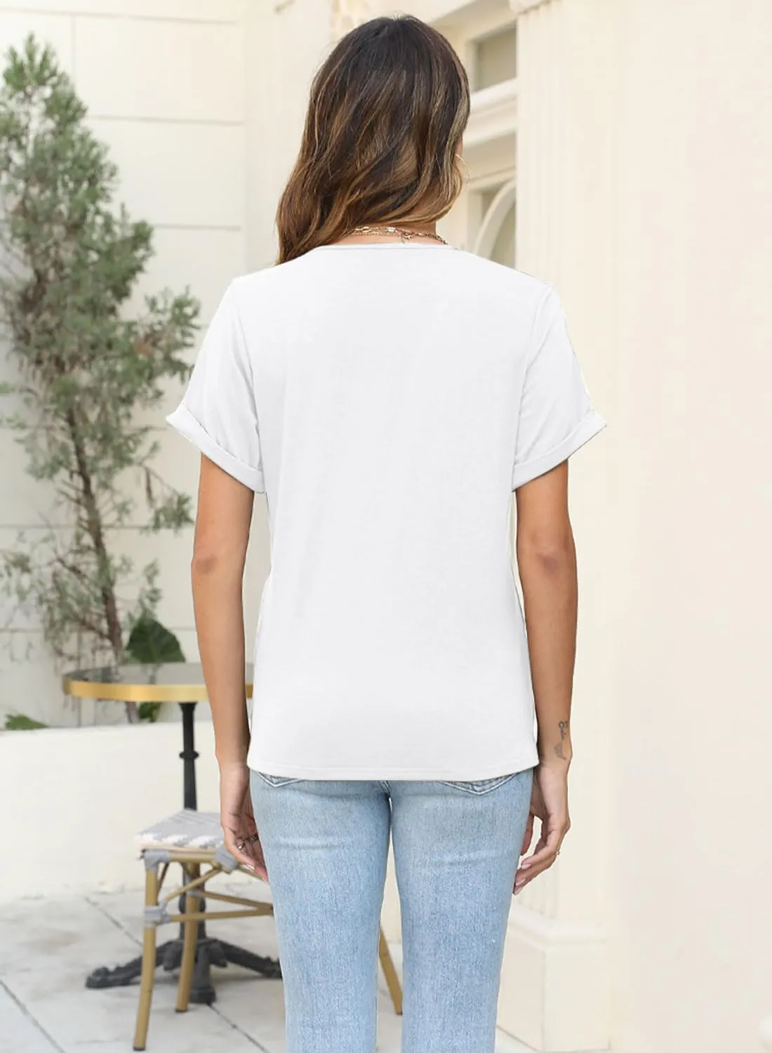 Soesdemo Womens Tshirts Short Rolled Sleeve Pleated Button Down V Neck Casual Dressy Summer Top Business Work Blouses Shirts