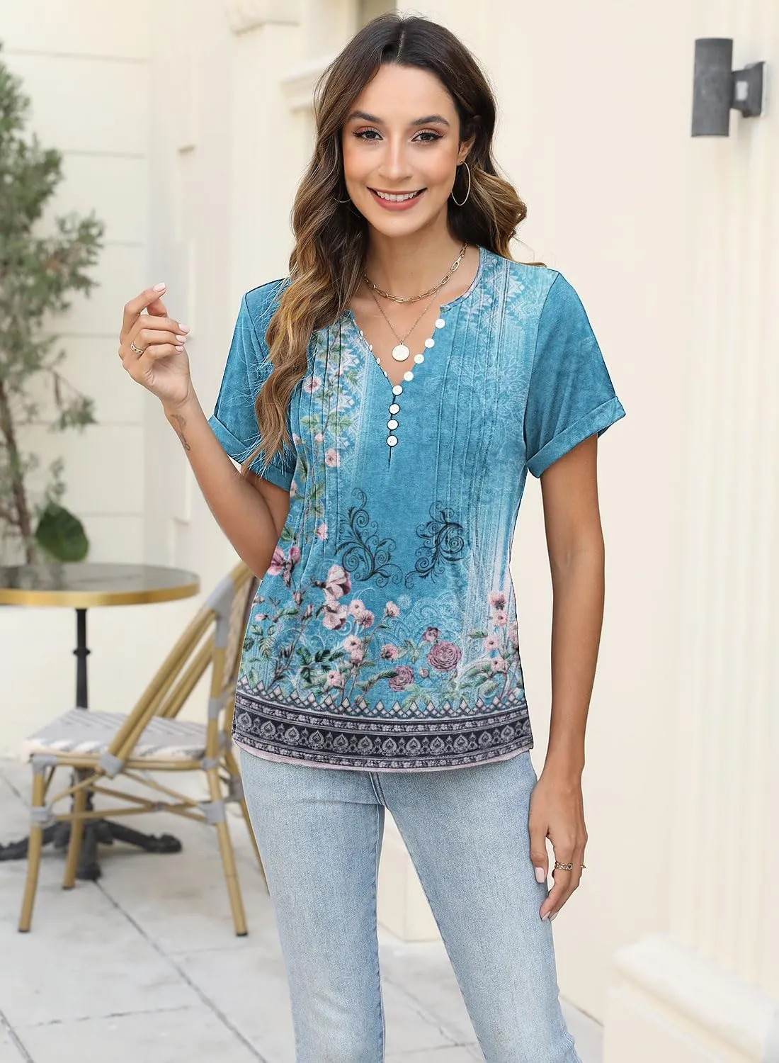 Soesdemo Womens Tshirts Short Rolled Sleeve Pleated Button Down V Neck Casual Dressy Summer Top Business Work Blouses Shirts