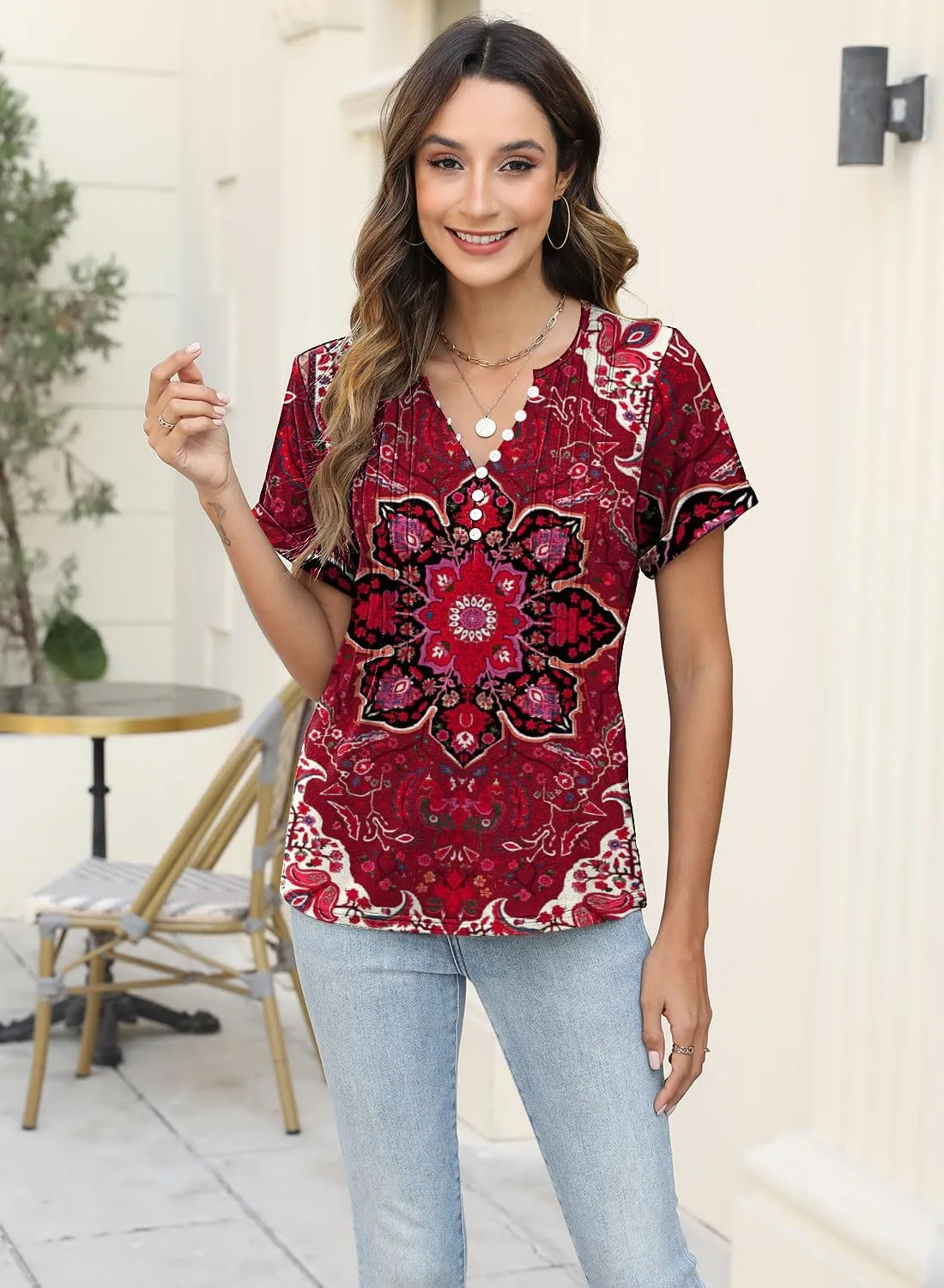 Soesdemo Womens Tshirts Short Rolled Sleeve Pleated Button Down V Neck Casual Dressy Summer Top Business Work Blouses Shirts