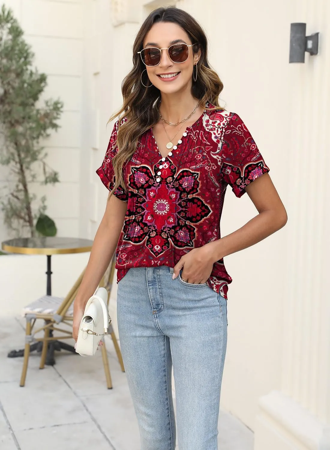 Soesdemo Womens Tshirts Short Rolled Sleeve Pleated Button Down V Neck Casual Dressy Summer Top Business Work Blouses Shirts