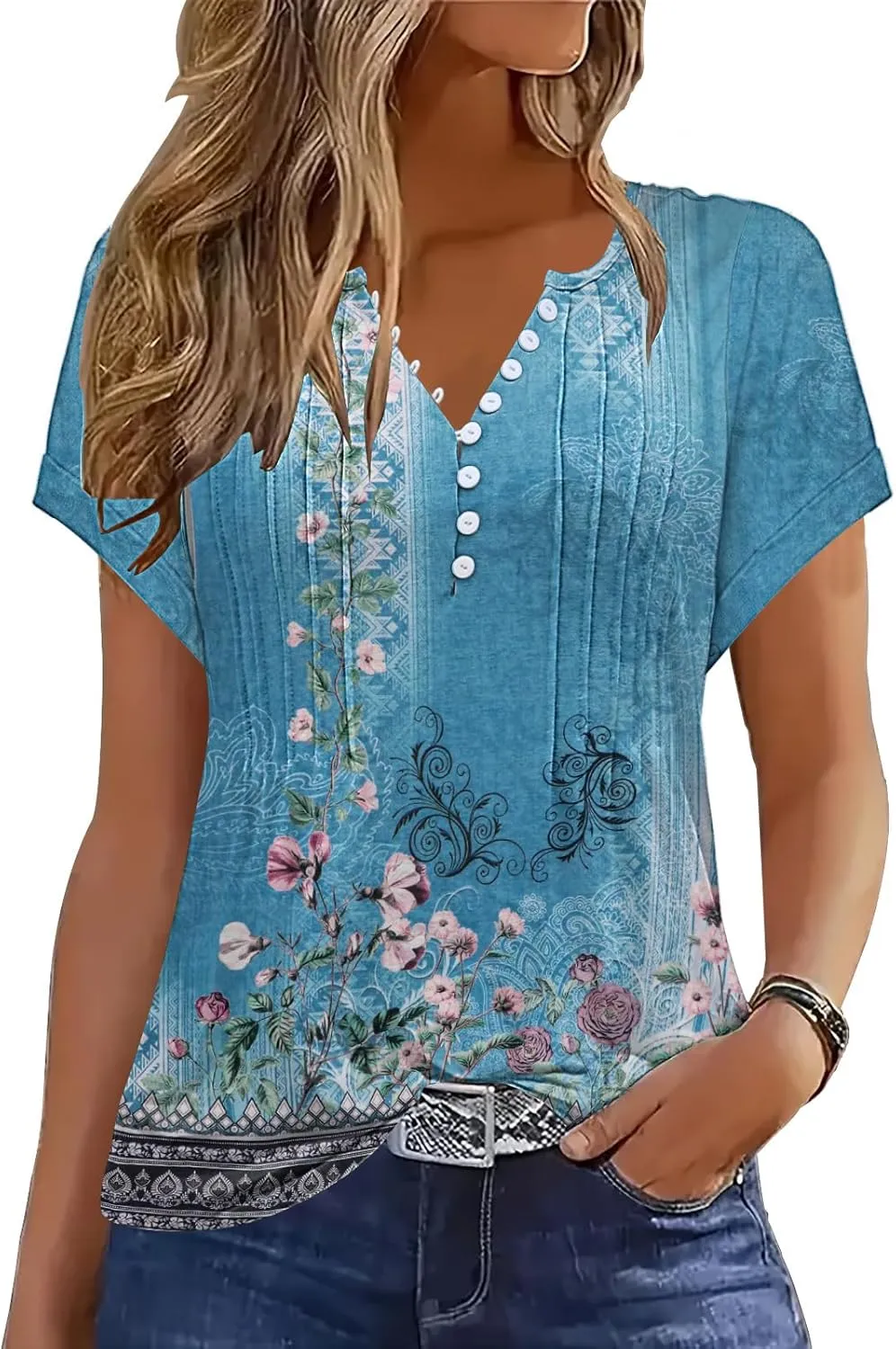 Soesdemo Womens Tshirts Short Rolled Sleeve Pleated Button Down V Neck Casual Dressy Summer Top Business Work Blouses Shirts