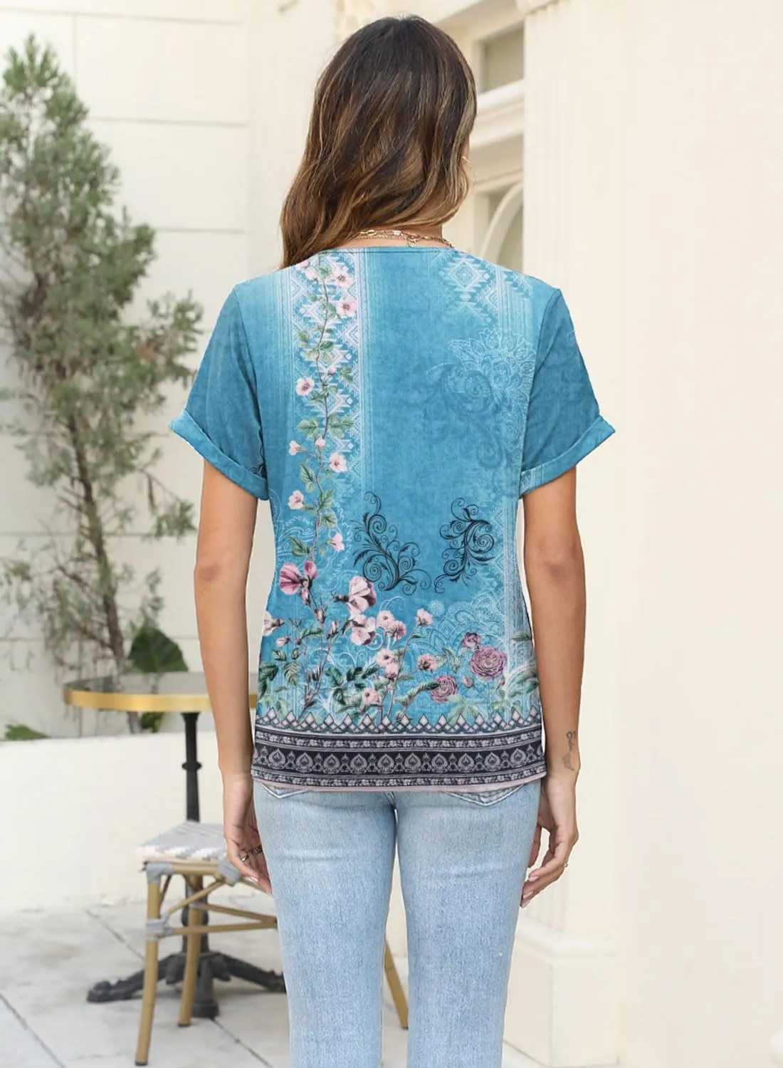 Soesdemo Womens Tshirts Short Rolled Sleeve Pleated Button Down V Neck Casual Dressy Summer Top Business Work Blouses Shirts