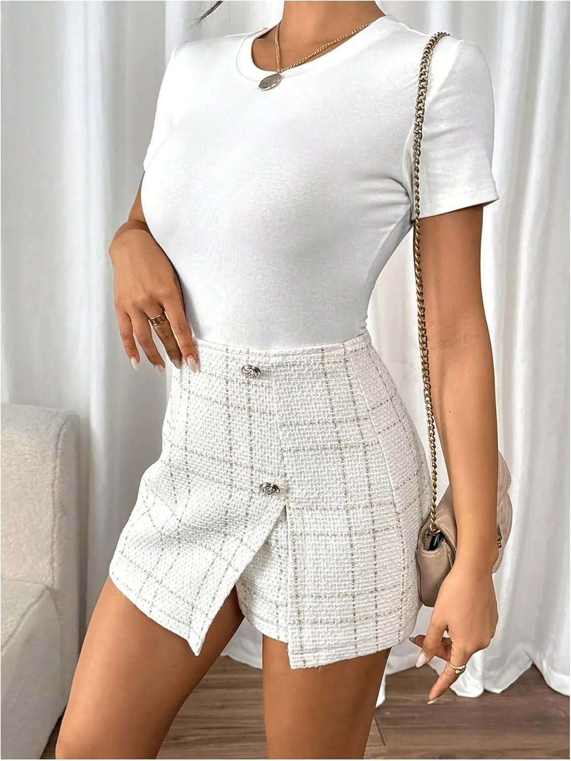 SOLY HUX Women's Plaid Wrap Tweed Skirt High Waisted Button Front Split Hem Elegant Work Mini Skort