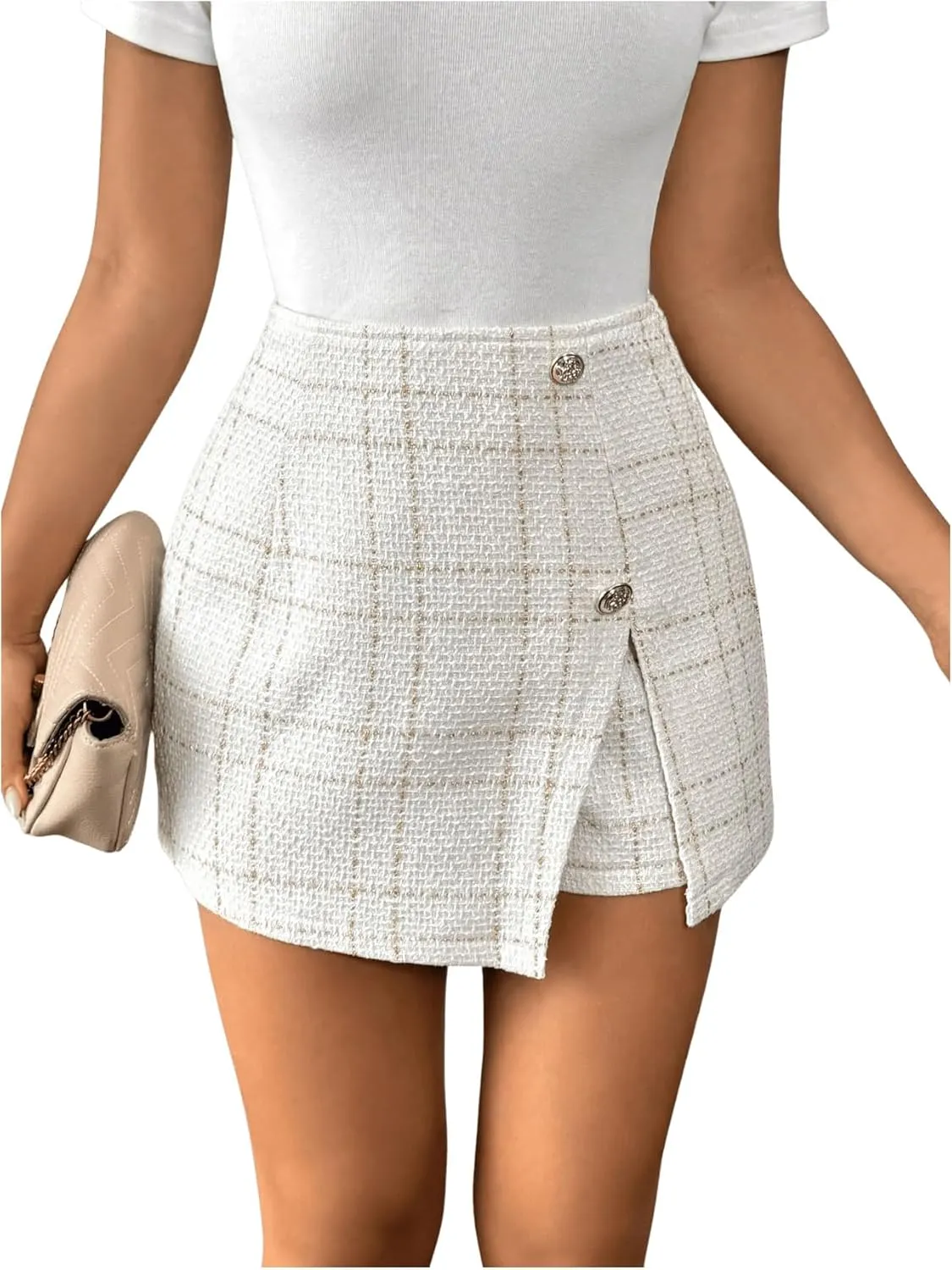 SOLY HUX Women's Plaid Wrap Tweed Skirt High Waisted Button Front Split Hem Elegant Work Mini Skort