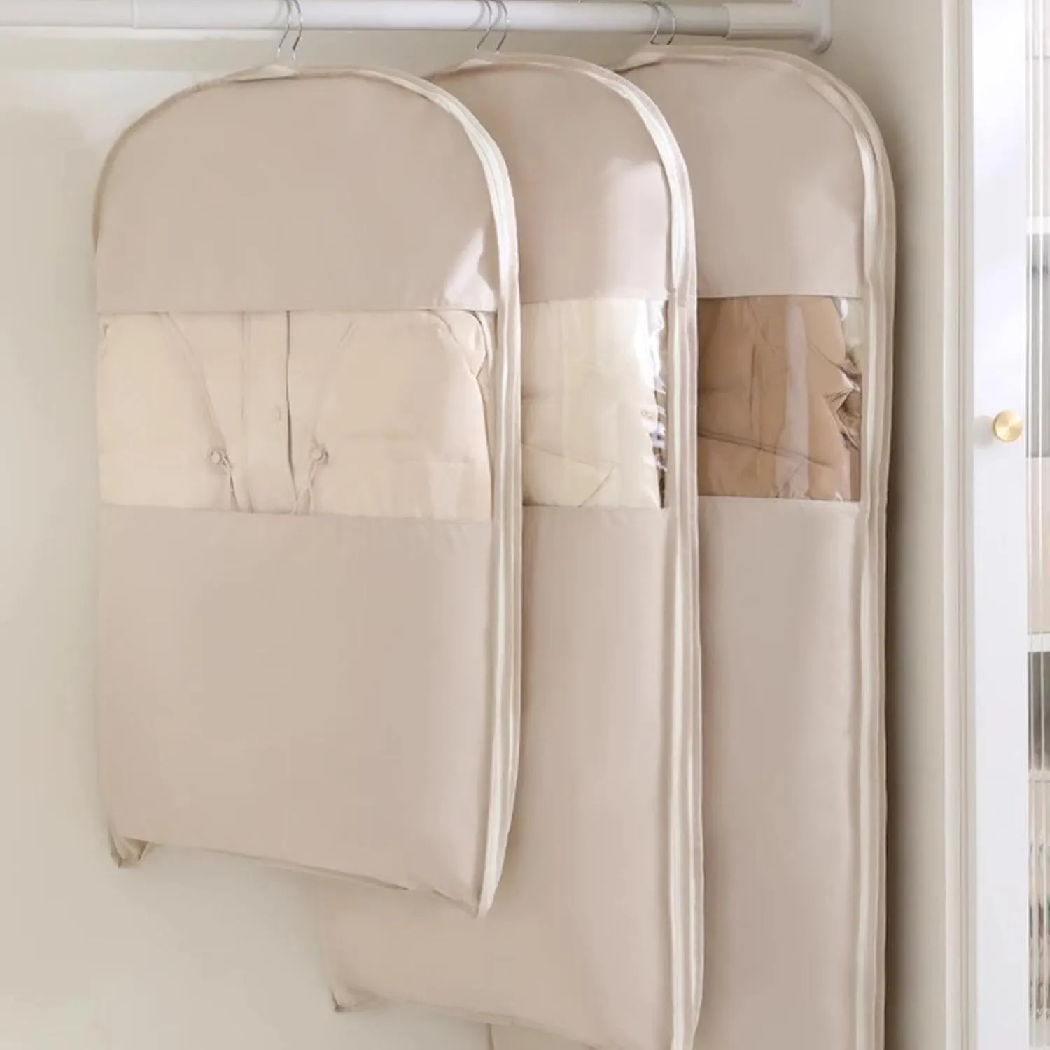 Space Saver Hanging Garment Bags for Closet Storage,Space Saving Hanging Garment Bag Self Compression Zipper,Dust Cover Clothes Bags Travel Organizer Protector for Down Coat Suit (White, 43.3 in)