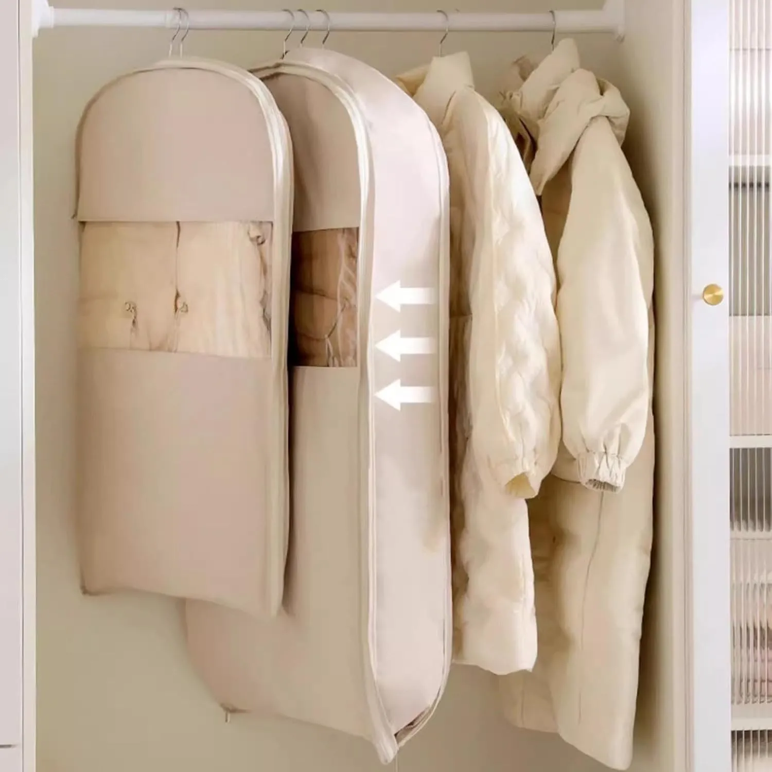 Space Saver Hanging Garment Bags for Closet Storage,Space Saving Hanging Garment Bag Self Compression Zipper,Dust Cover Clothes Bags Travel Organizer Protector for Down Coat Suit (White, 43.3 in)
