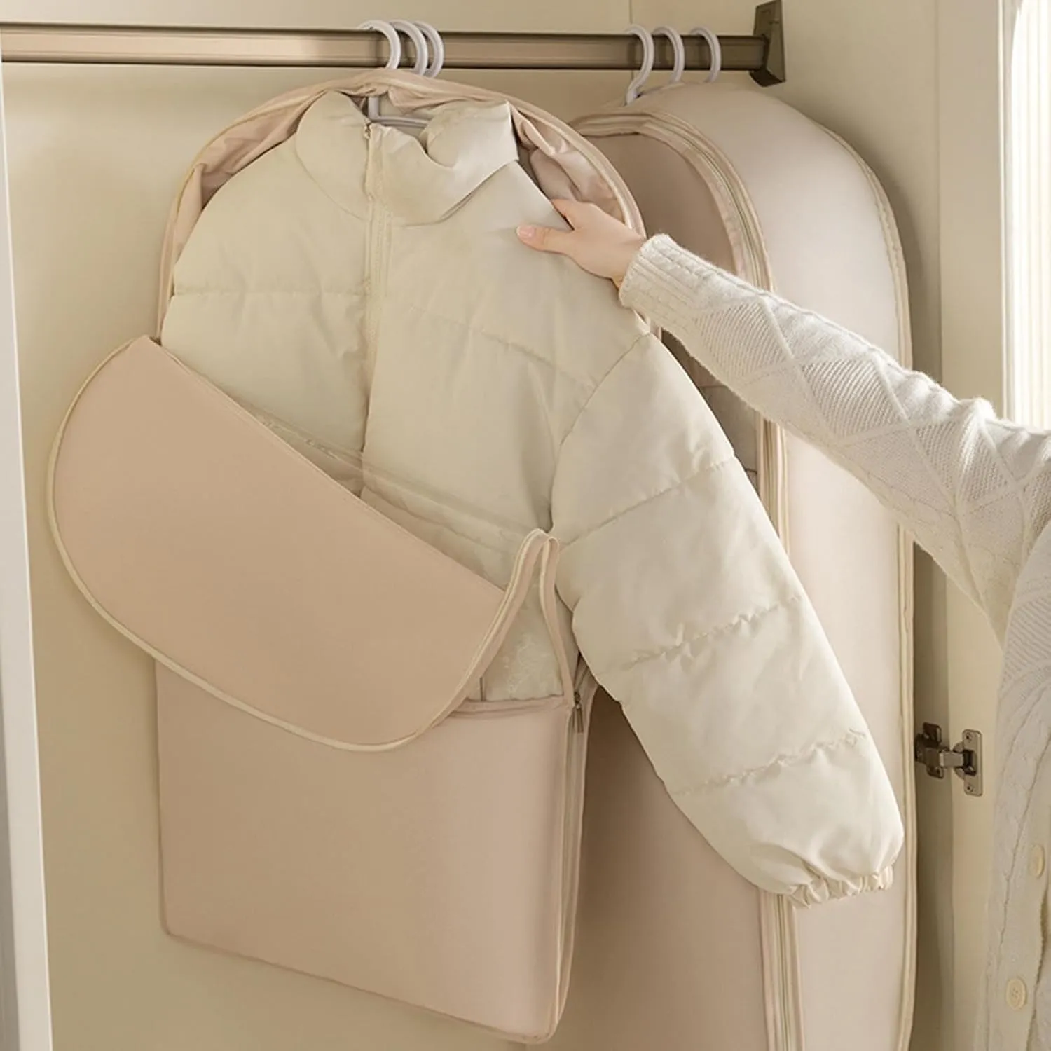 Space Saver Hanging Garment Bags for Closet Storage,Space Saving Hanging Garment Bag Self Compression Zipper,Dust Cover Clothes Bags Travel Organizer Protector for Down Coat Suit (White, 43.3 in)