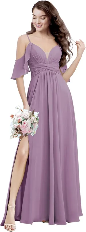 Spaghetti Straps Chiffon Bridesmaid Dresses with Slit A-Line Flowy Sleeve Cross Waist Pleated Wedding Guest Dress Long