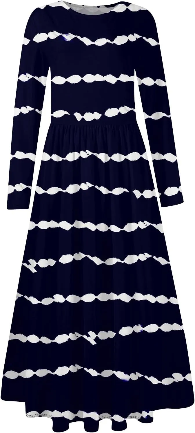 Spring Dresses for Women 2025 Long Sleeve O Neck Midi Tea Length Boho Vacation Trendy Waist Cruise Dress