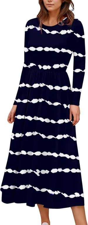 Spring Dresses for Women 2025 Long Sleeve O Neck Midi Tea Length Boho Vacation Trendy Waist Cruise Dress