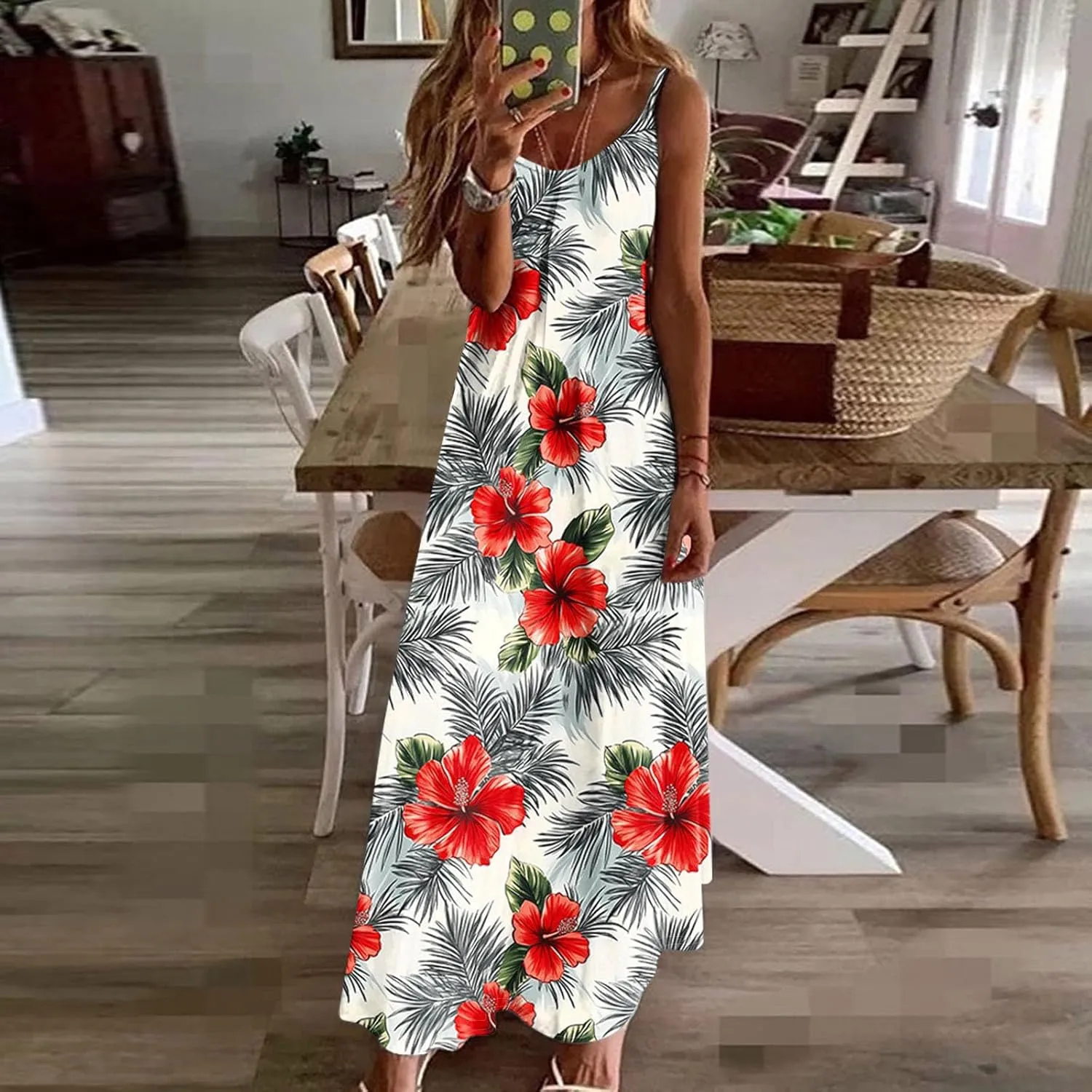 Spring Summer Beach Dress for Women 2025 Fashion Floral Printed Sleeveless Pleated Maxi Vacation Dresses