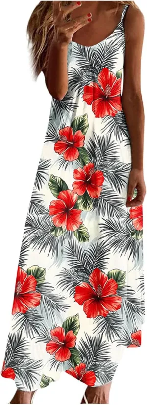 Spring Summer Beach Dress for Women 2025 Fashion Floral Printed Sleeveless Pleated Maxi Vacation Dresses