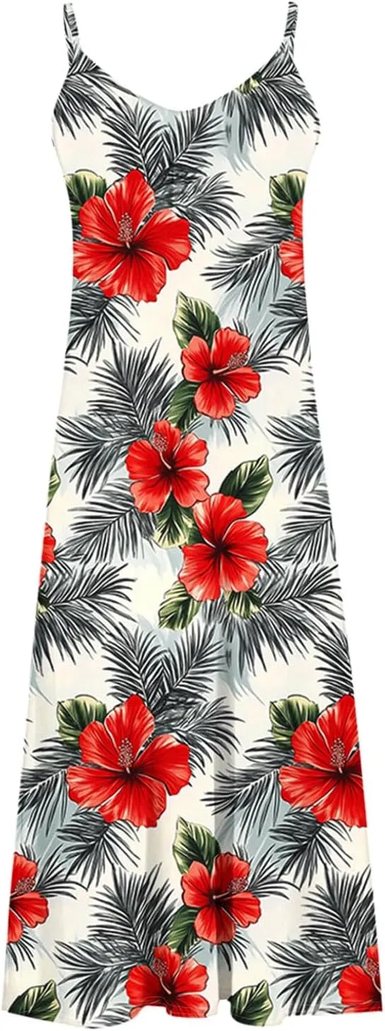 Spring Summer Beach Dress for Women 2025 Fashion Floral Printed Sleeveless Pleated Maxi Vacation Dresses