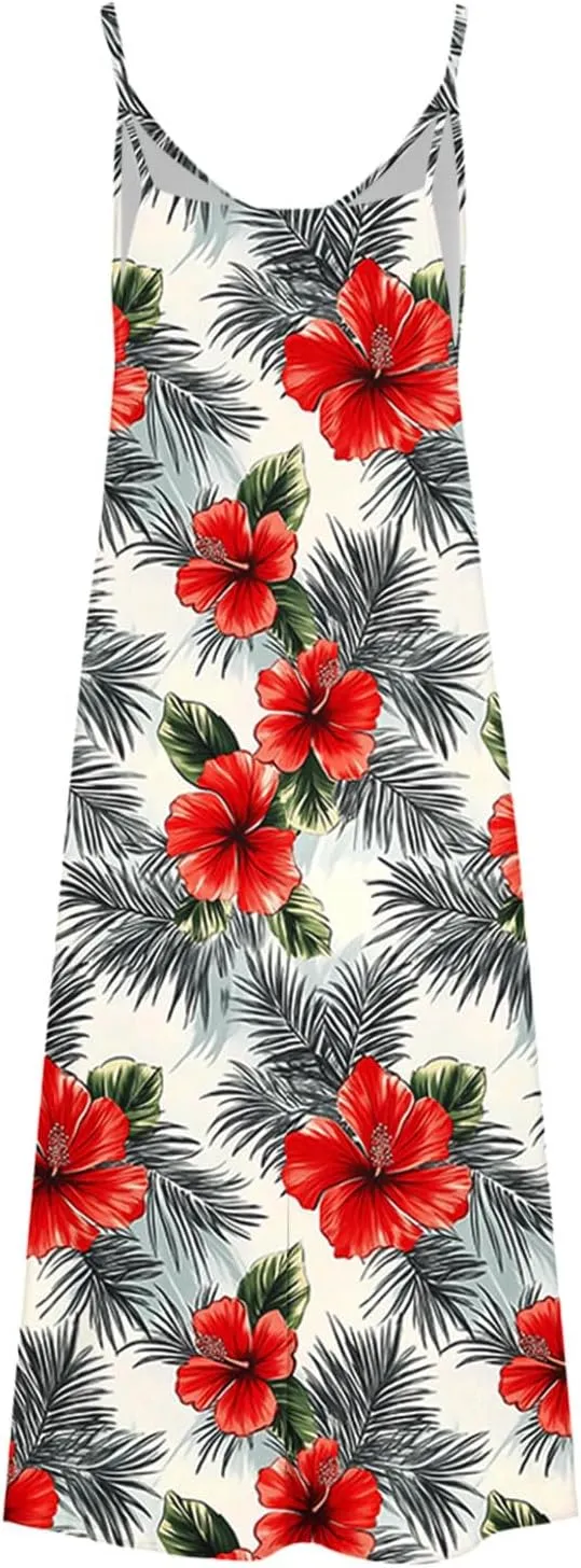 Spring Summer Beach Dress for Women 2025 Fashion Floral Printed Sleeveless Pleated Maxi Vacation Dresses