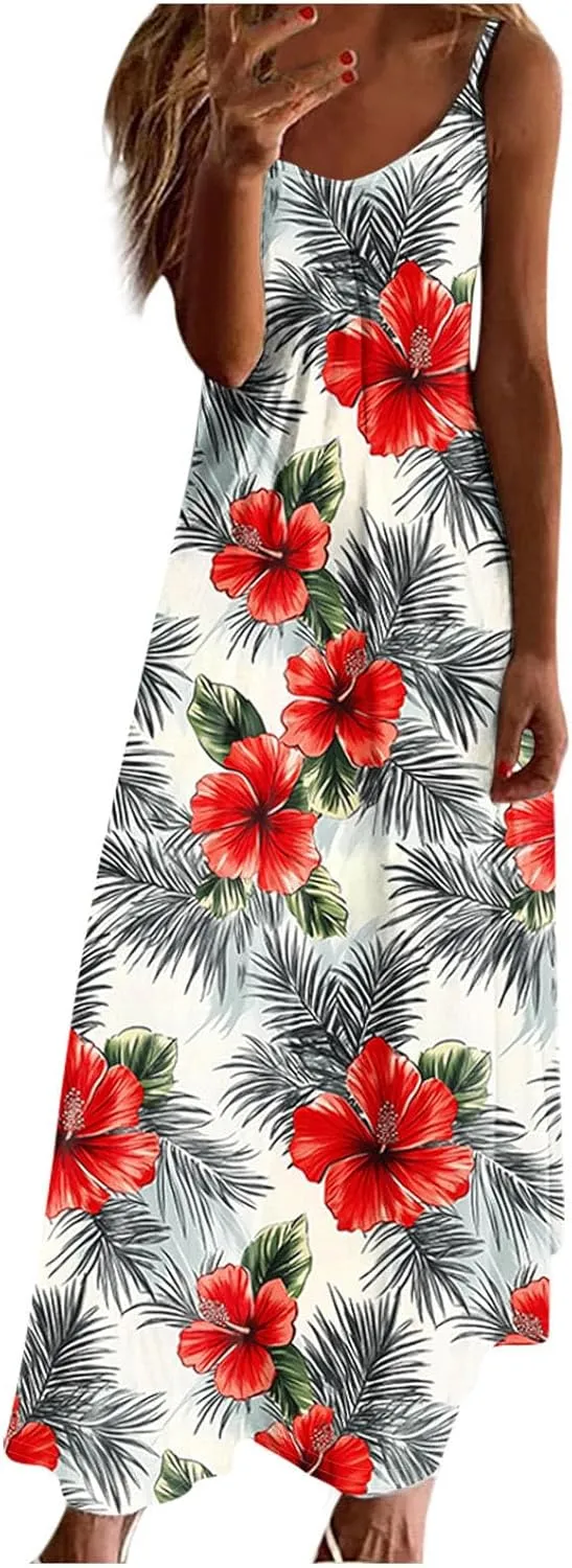 Spring Summer Beach Dress for Women 2025 Fashion Floral Printed Sleeveless Pleated Maxi Vacation Dresses