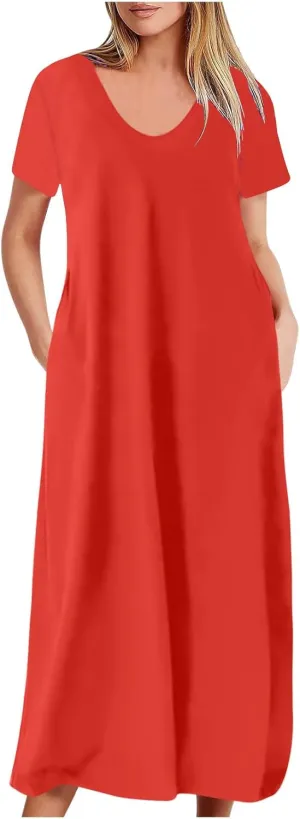 Spring Summer Solid Color Dresses for Women Plus Size Loose V-Neck Swing Pleated Short Sleeve Formal Party Dress