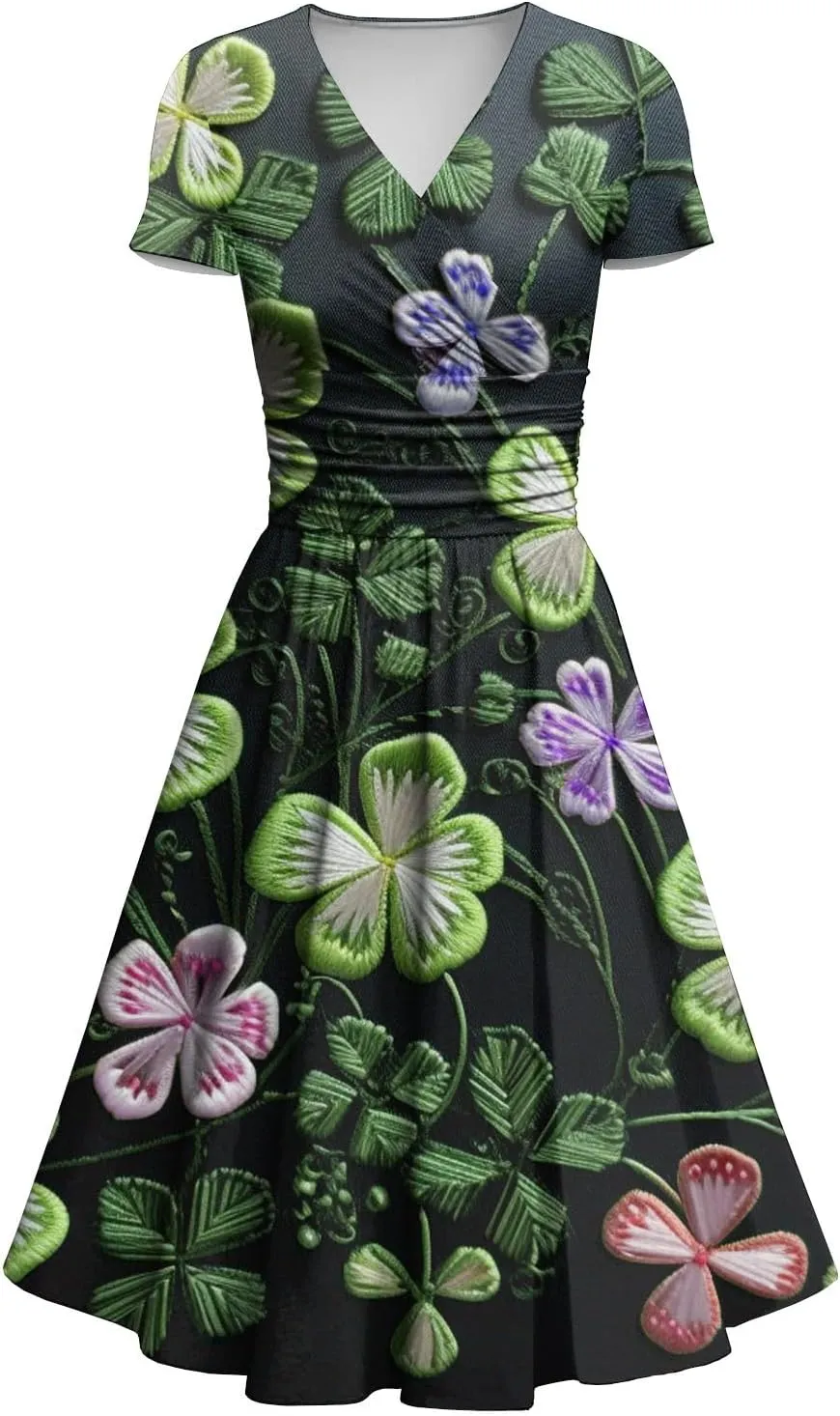 St Patricks Day Dress Women Elegant Short Sleeve Princess V Neck Pulled Ruffle Shamrock Print Waist Drawstring Dresses