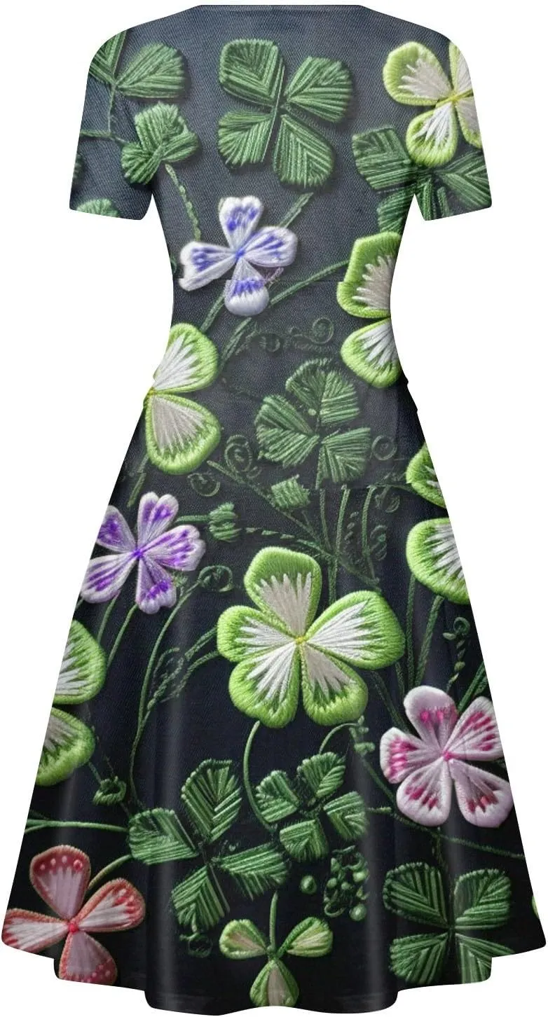 St Patricks Day Dress Women Elegant Short Sleeve Princess V Neck Pulled Ruffle Shamrock Print Waist Drawstring Dresses