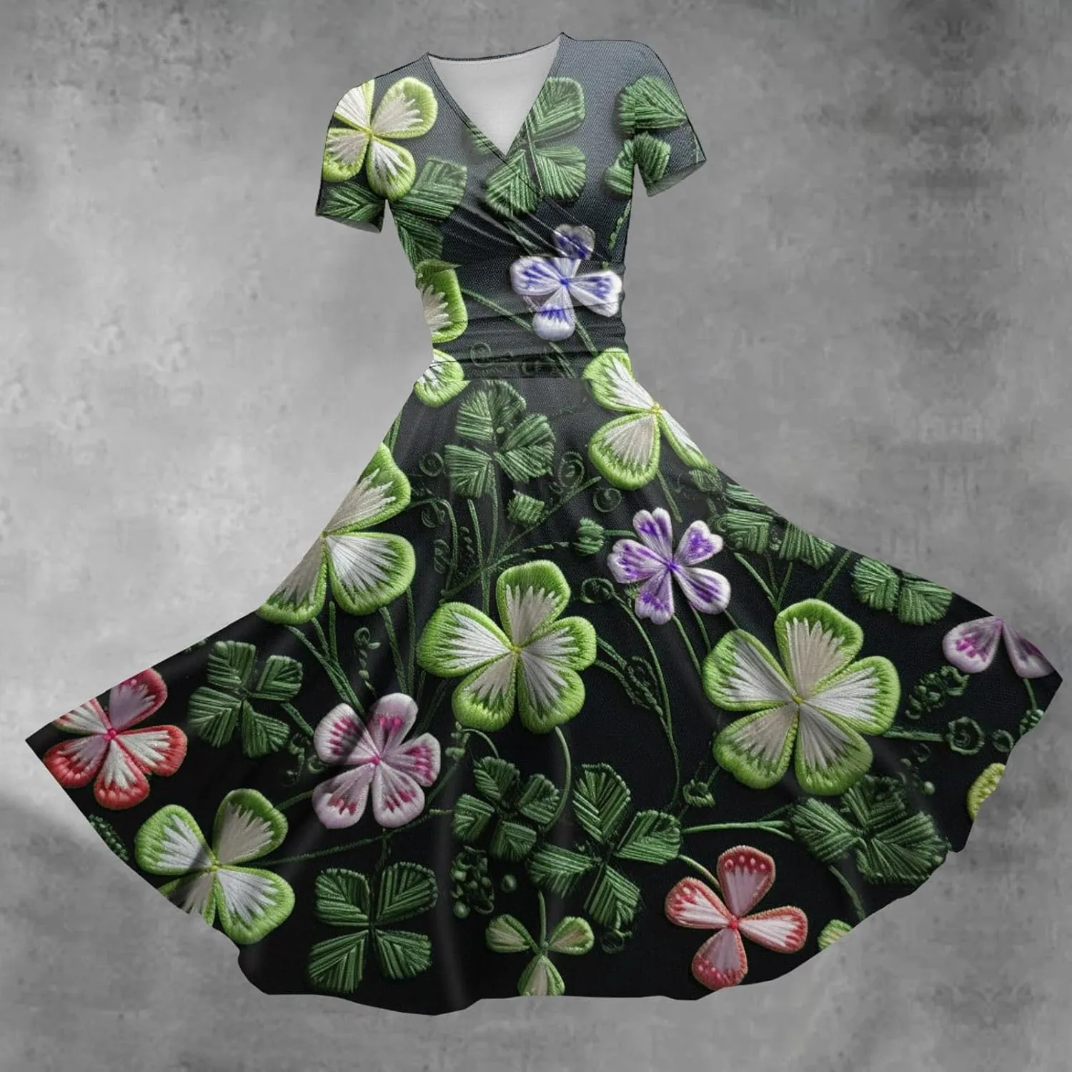 St Patricks Day Dress Women Elegant Short Sleeve Princess V Neck Pulled Ruffle Shamrock Print Waist Drawstring Dresses