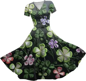 St Patricks Day Dress Women Elegant Short Sleeve Princess V Neck Pulled Ruffle Shamrock Print Waist Drawstring Dresses