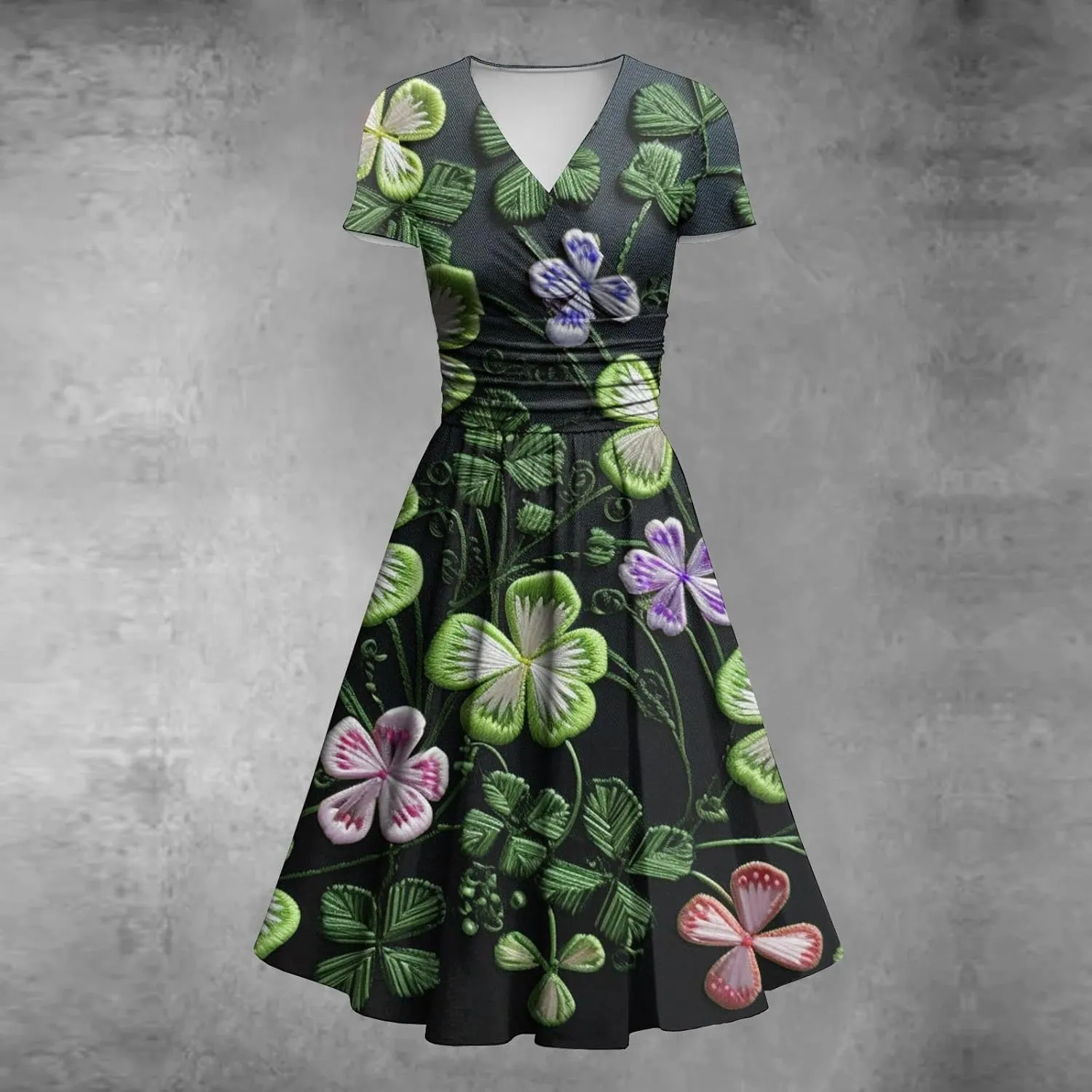 St Patricks Day Dress Women Elegant Short Sleeve Princess V Neck Pulled Ruffle Shamrock Print Waist Drawstring Dresses