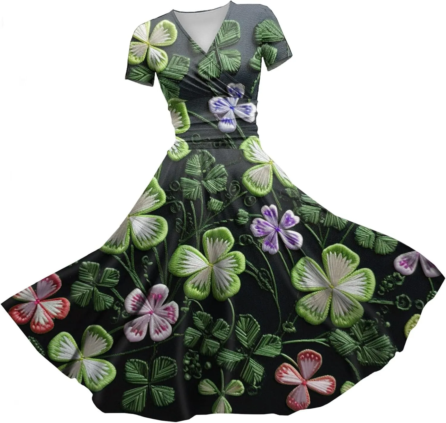 St Patricks Day Dress Women Elegant Short Sleeve Princess V Neck Pulled Ruffle Shamrock Print Waist Drawstring Dresses
