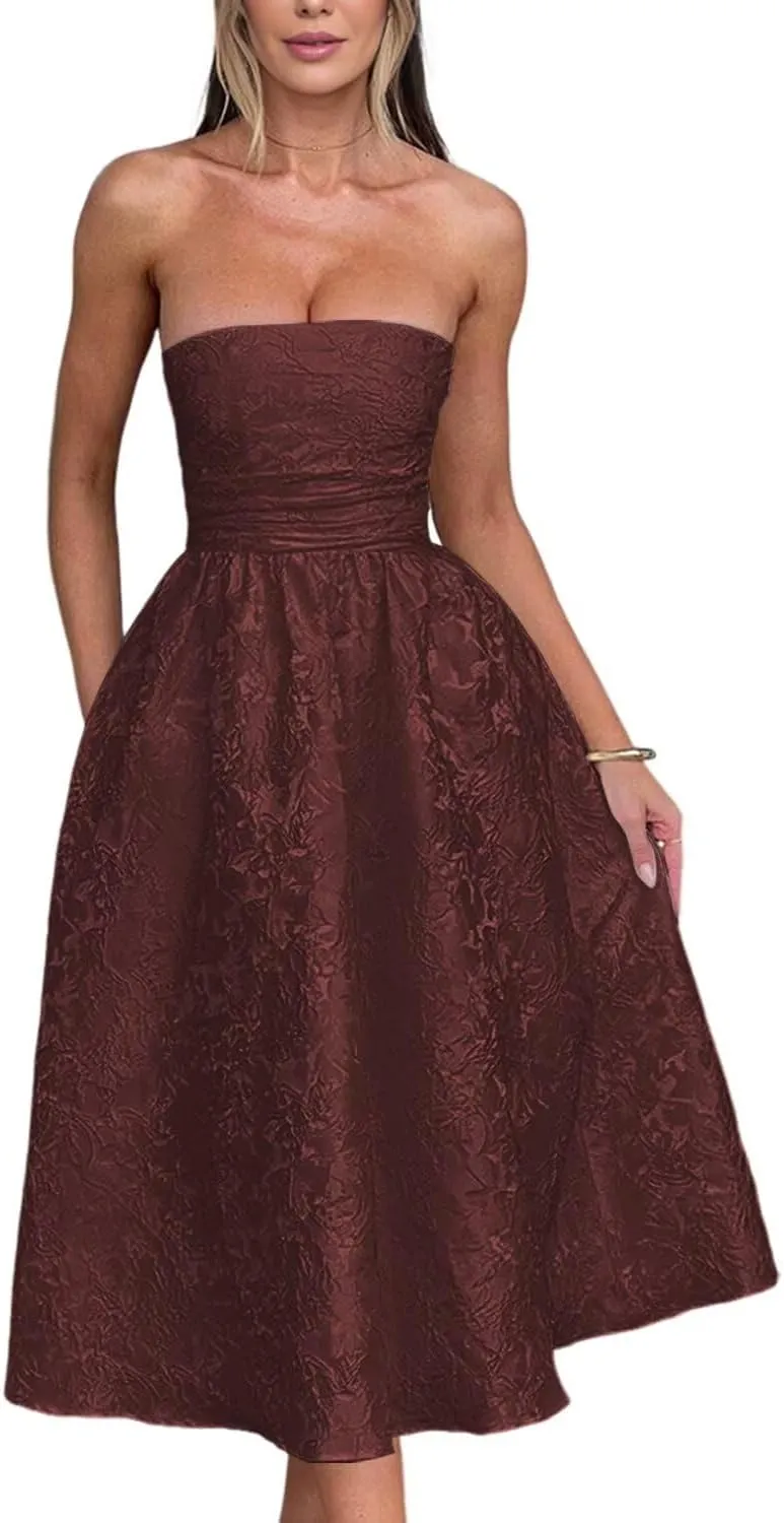 Strapless Jacquard Prom Dresses with Pockets A-Line Midi Cocktail Party Dress