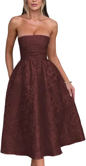 Strapless Jacquard Prom Dresses with Pockets A-Line Midi Cocktail Party Dress
