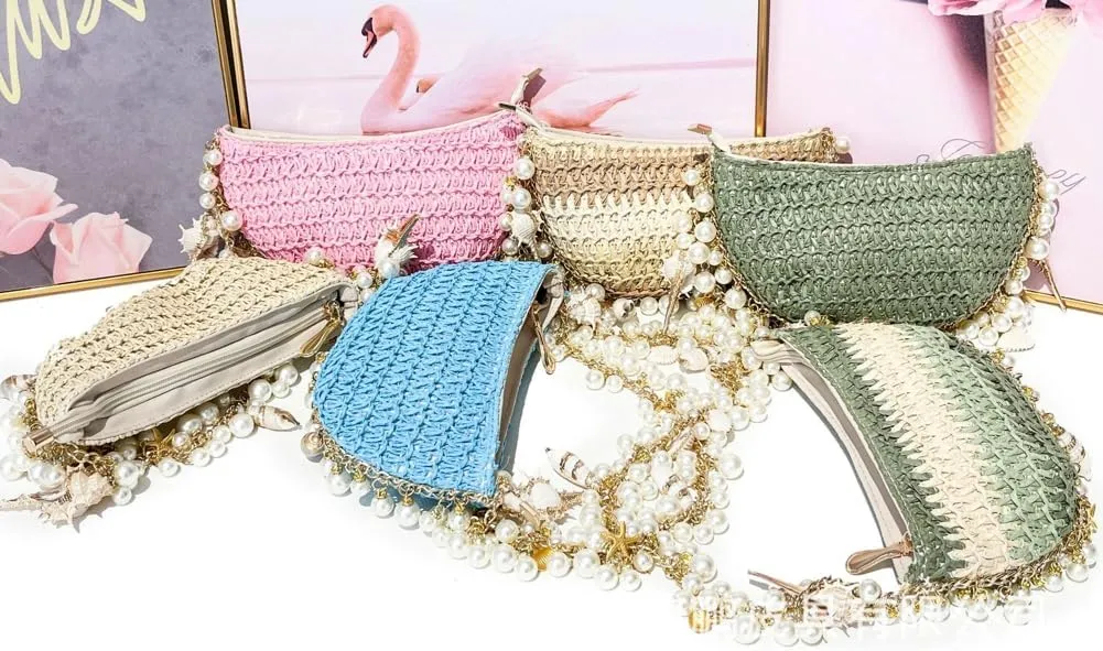 Straw Shoulder Bag for Women Crescent Evening Beach Bag Summer Purse Clutch Chic Woven Hobo Bags