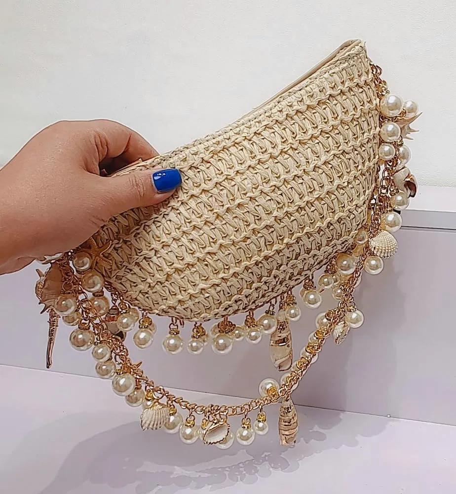Straw Shoulder Bag for Women Crescent Evening Beach Bag Summer Purse Clutch Chic Woven Hobo Bags