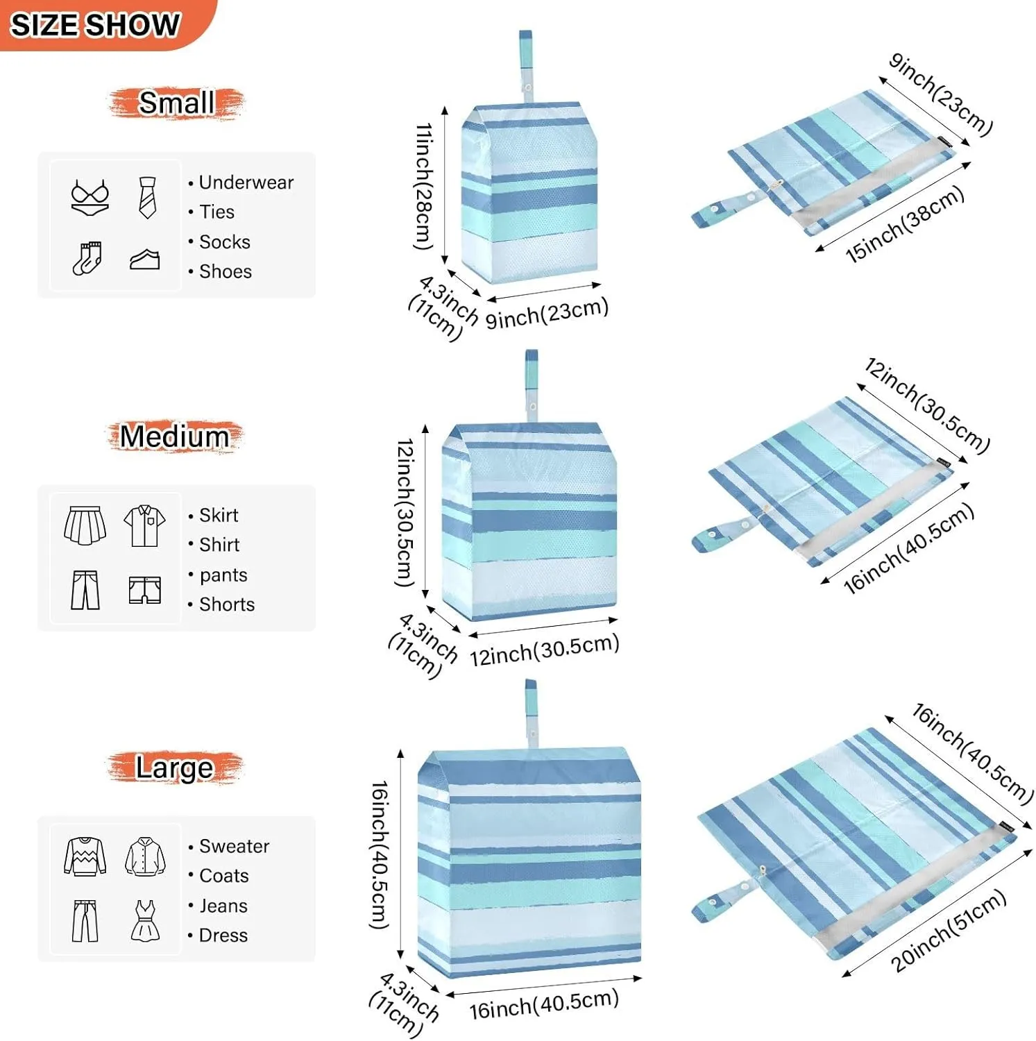 Stripes Blue 3 Set Travel Packing Cubes For Suitcases, Foldable, Garment Bag Closet Storage, Luggage Space Saver, Luggages Management Personnel