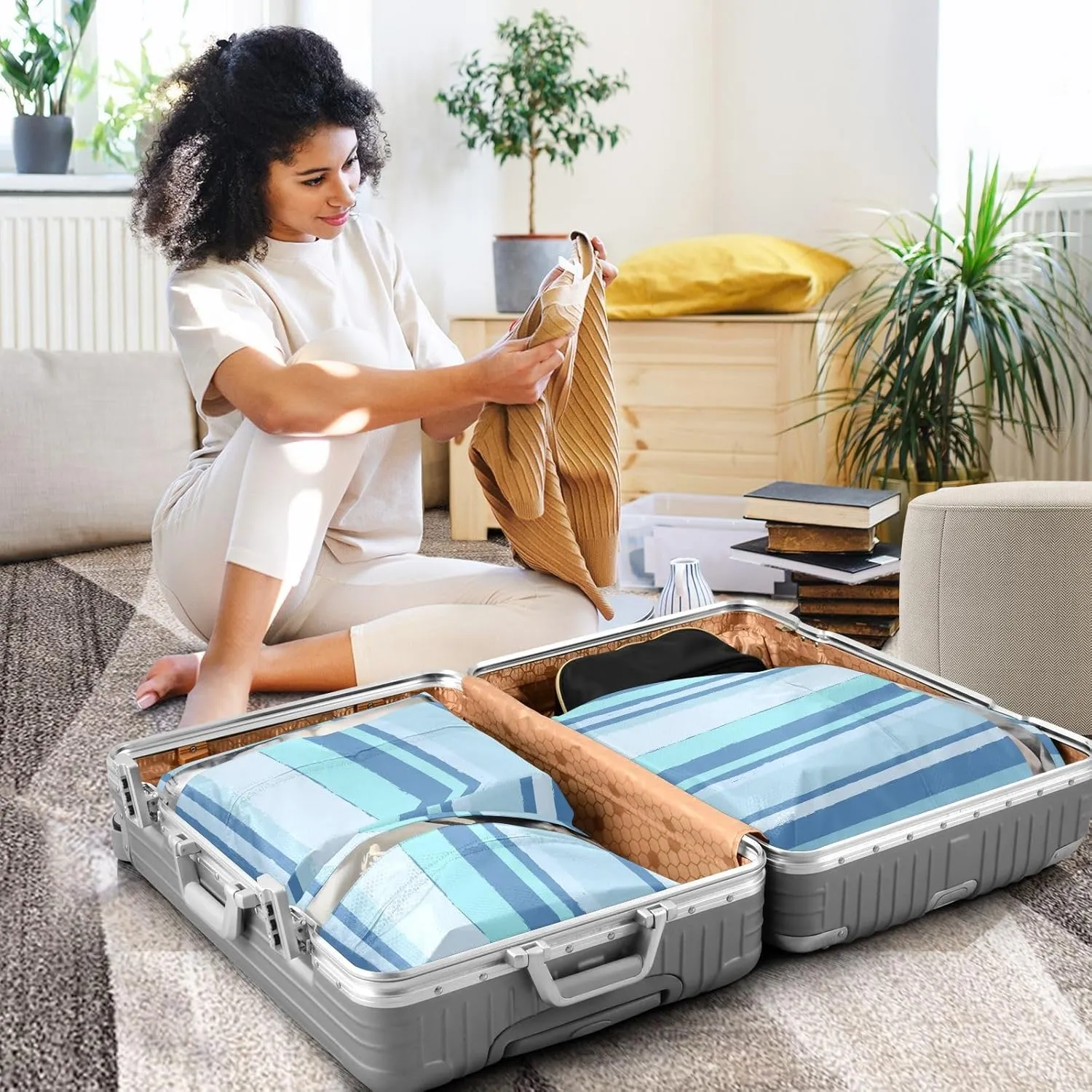 Stripes Blue 3 Set Travel Packing Cubes For Suitcases, Foldable, Garment Bag Closet Storage, Luggage Space Saver, Luggages Management Personnel