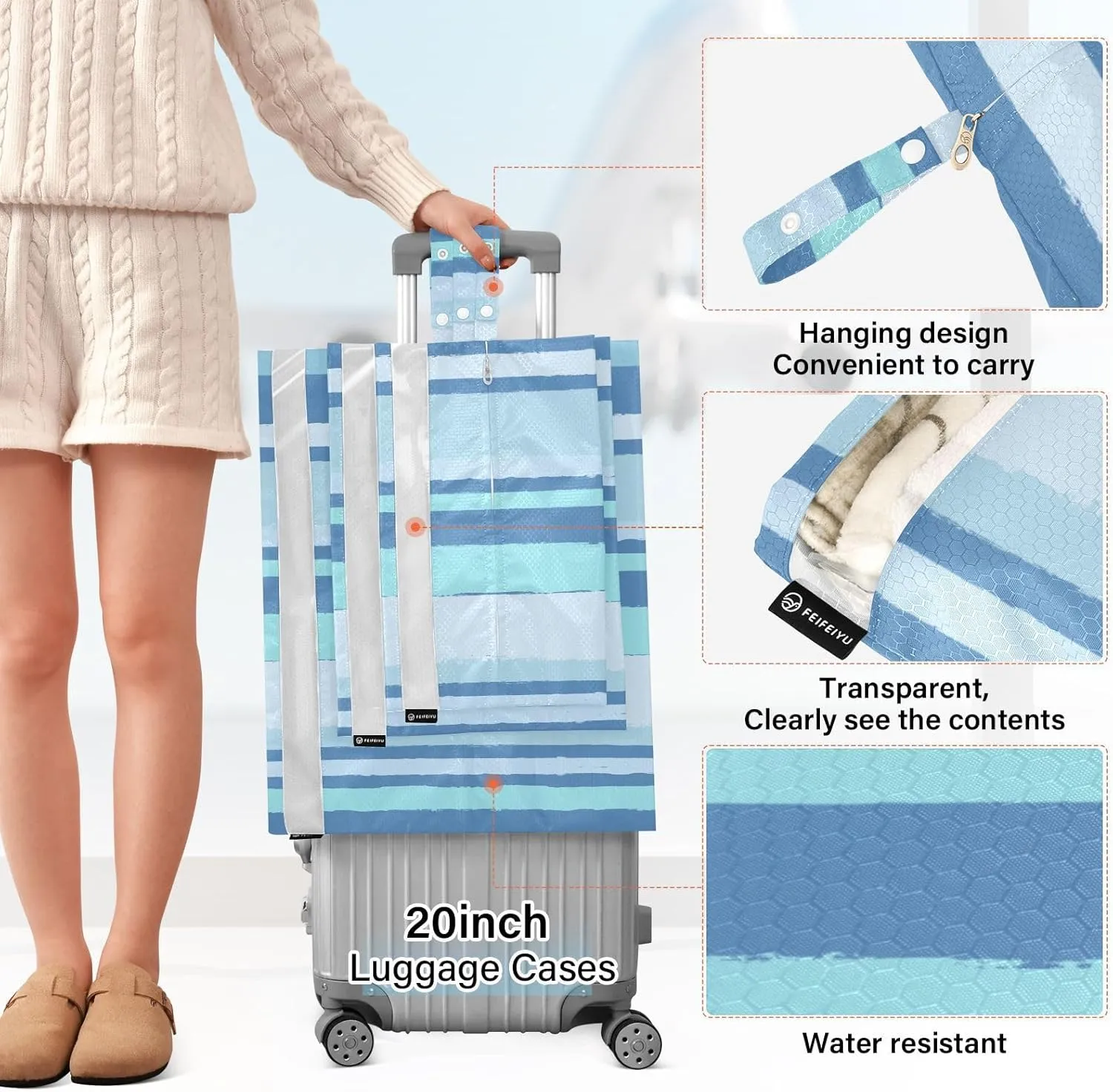 Stripes Blue 3 Set Travel Packing Cubes For Suitcases, Foldable, Garment Bag Closet Storage, Luggage Space Saver, Luggages Management Personnel