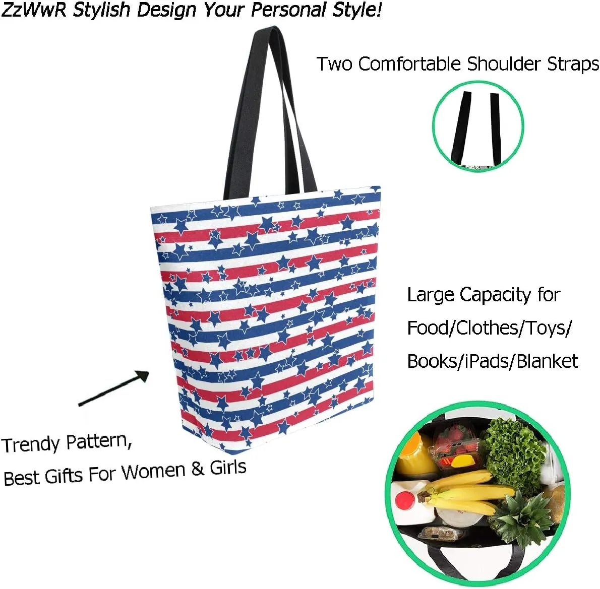 Stylish Print Extra Large Shoulder Tote Bag for Beach Travel Weekender Gym Grocery Shopping