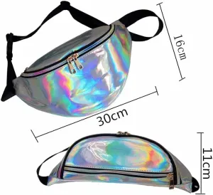 Stylish Women Iridescent Hologram Fanny Pack Shiny Metallic Waist Bag Punk Girl For Festival Rave Hiking Running Cycling (Black)