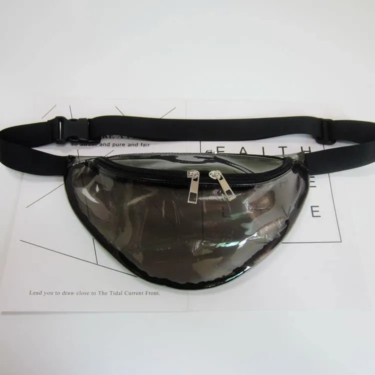 Stylish Women Iridescent Hologram Fanny Pack Shiny Metallic Waist Bag Punk Girl For Festival Rave Hiking Running Cycling (Clear Black)