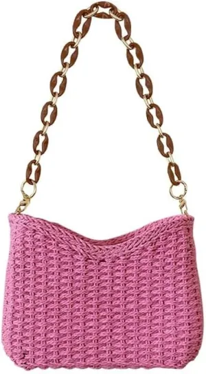 Summer Beach Travel Chic Woven Handbag Aesthetic Clutch Purse for Vacation Straw Woven Shoulder Bag for Women