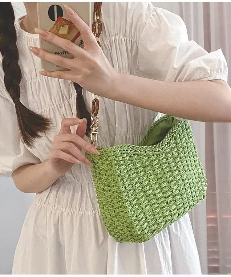 Summer Beach Travel Chic Woven Handbag Aesthetic Clutch Purse for Vacation Straw Woven Shoulder Bag for Women
