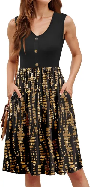 Summer Dresses for Women 2025 Sleeveless Elegant Floral Midi Dress Knee Length V Neck A Line Dress with Pockets