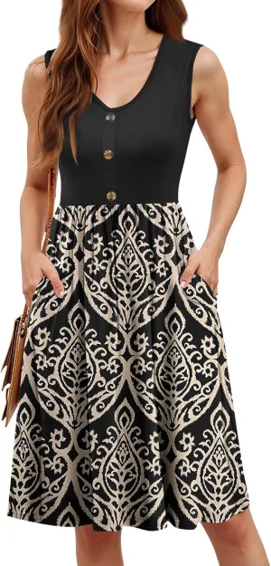 Summer Dresses for Women 2025 Sleeveless Elegant Floral Midi Dress Knee Length V Neck A Line Dress with Pockets