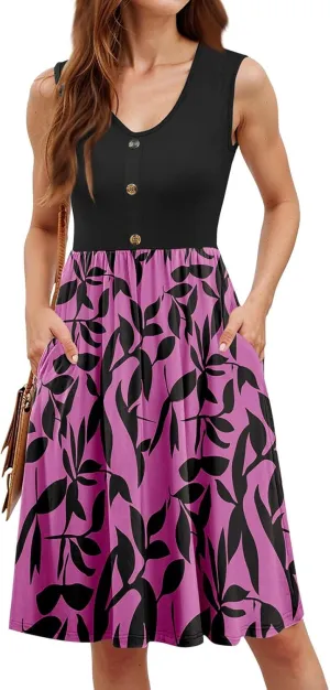 Summer Dresses for Women 2025 Sleeveless Elegant Floral Midi Dress Knee Length V Neck A Line Dress with Pockets
