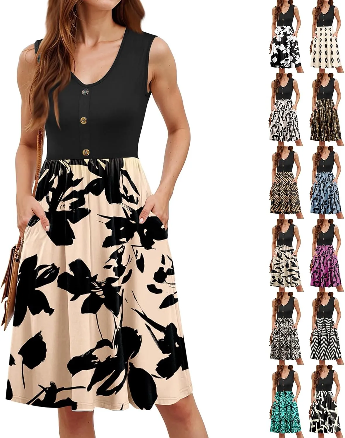 Summer Dresses for Women 2025 Sleeveless Elegant Floral Midi Dress Knee Length V Neck A Line Dress with Pockets