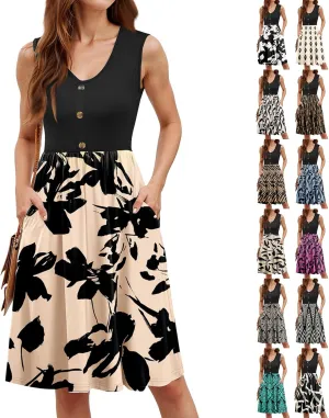 Summer Dresses for Women 2025 Sleeveless Elegant Floral Midi Dress Knee Length V Neck A Line Dress with Pockets
