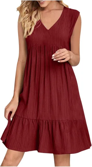 Summer Dresses for Women 2025 Sleeveless V-Neck Flowy Midi Sundresses Layered A-Line Boho Beach Vacation Dress