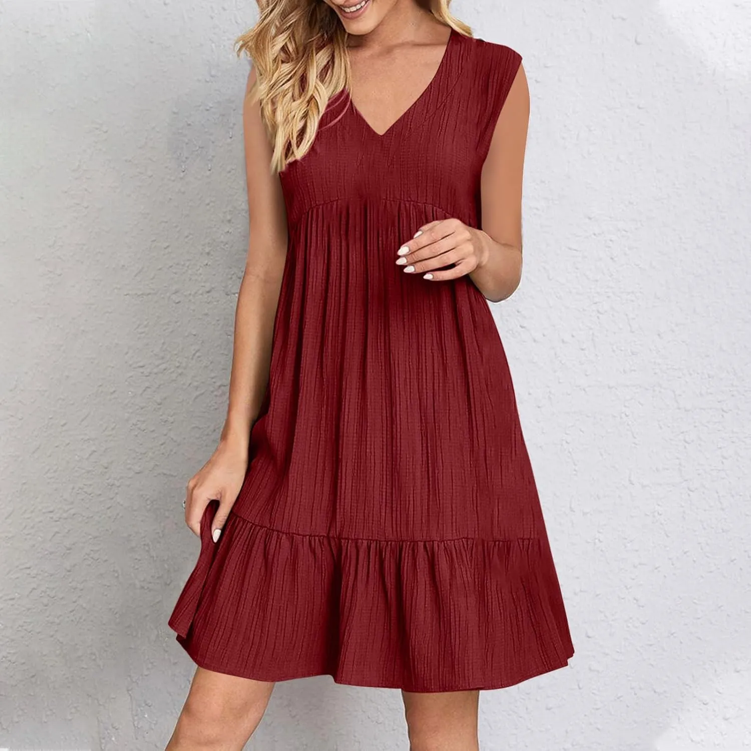 Summer Dresses for Women 2025 Sleeveless V-Neck Flowy Midi Sundresses Layered A-Line Boho Beach Vacation Dress