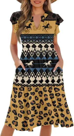 Summer Dresses for Women 2025 V-Neck Ruffle Sleeve A Line Tiered Flowy Fashion Trendy Mini Beach Dress with Pocket